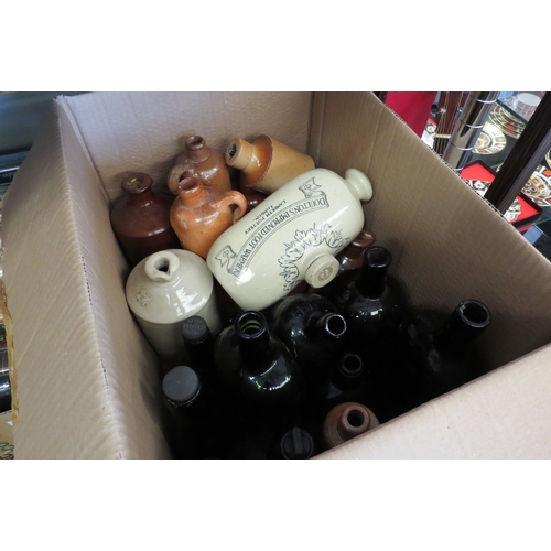 1603 - A box of various stoneware and glass bottles including Doulton Lambeth stoneware