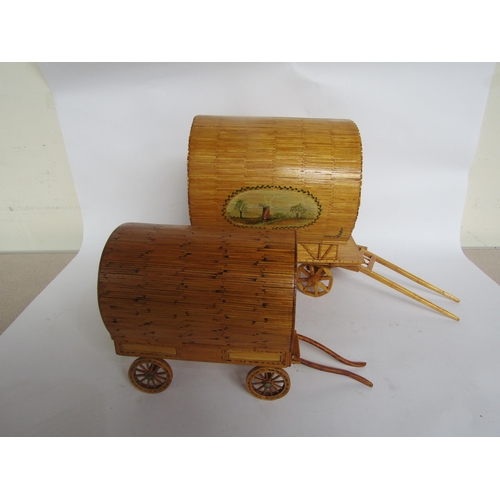 5014 - Two scratchbuilt match stick models of barrel top gypsy wagons