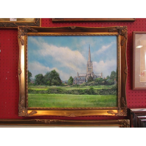 1247 - JOE CROWFOOT: An oil on board depicting Norwich Cathedral, signed lower left, gilt frame, 39cm x 49c... 