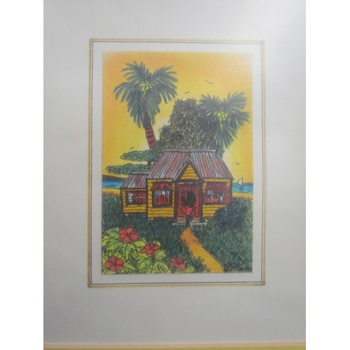 1267 - A pen and watercolour of a Carribbean house, signed bottom right, framed and glazed, 12cm x 9cm imag... 