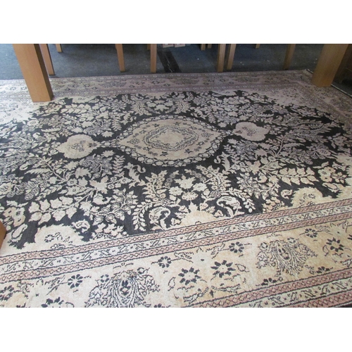 1676 - A blue and cream ground silk rug with foliate design, multiple borders, 218cm x 152cm