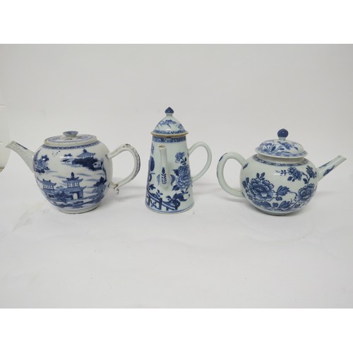 6026A - 18th Century blue and white Oriental export teapots and chocolate pot, two with floral decoration th... 