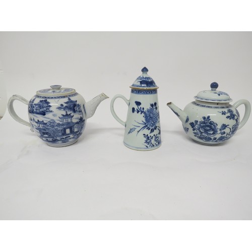 6026A - 18th Century blue and white Oriental export teapots and chocolate pot, two with floral decoration th... 