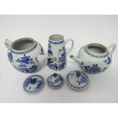 6026A - 18th Century blue and white Oriental export teapots and chocolate pot, two with floral decoration th... 