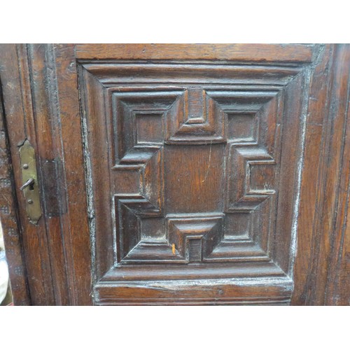 6049 - 18th Century oak cupboard of small proportions with geometric detail, 37cm x 36cm x 17cm