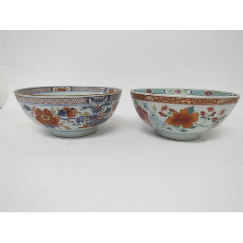 6034 - Two 19th Century Oriental export bowls, one with large hairline crack, 23cm diameter