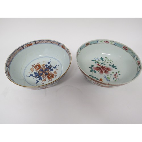 6034 - Two 19th Century Oriental export bowls, one with large hairline crack, 23cm diameter