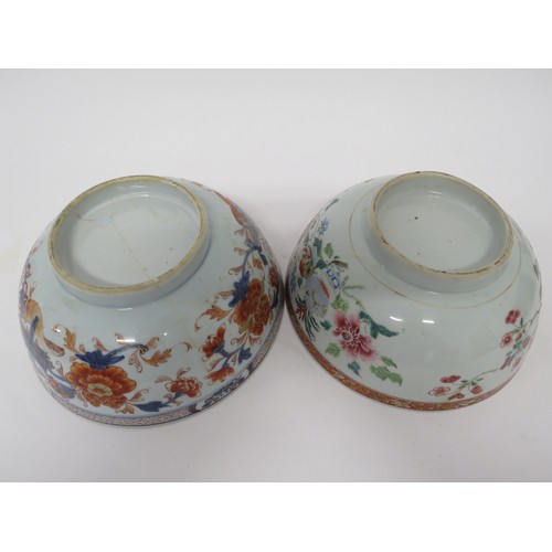 6034 - Two 19th Century Oriental export bowls, one with large hairline crack, 23cm diameter