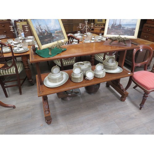 6091 - A Victorian mahogany two-tier buffet serving table with melon fluted feet, 104cm x 137cm x 49.5cm