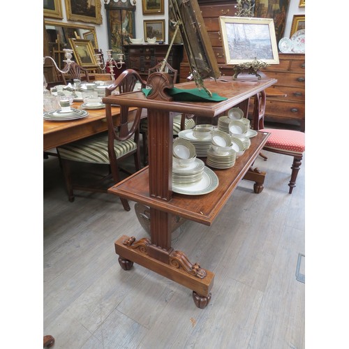 6091 - A Victorian mahogany two-tier buffet serving table with melon fluted feet, 104cm x 137cm x 49.5cm