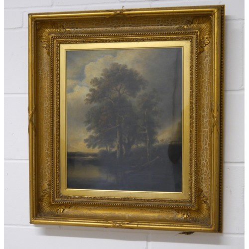 6058 - A Norwich School landscape depicting trees by waters edge with cloudy skies, 45cm x 37.5cm in ornate... 