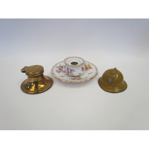 1581 - Three Edwardian inkwells including Meissen and fireman's helmet