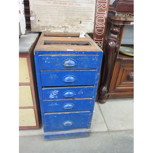 2080 - A blue painted pine bank of five drawers