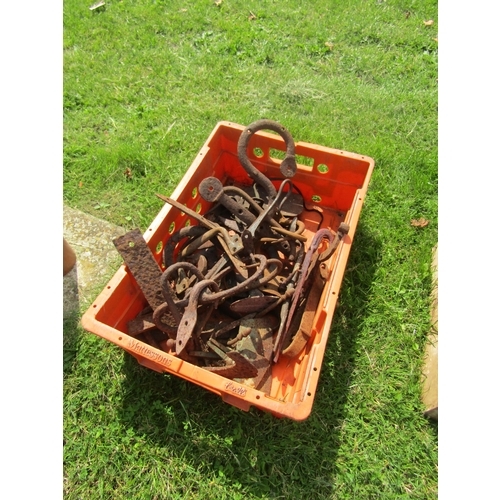 5578 - A box of metalwares including meat hook, digging shoes etc