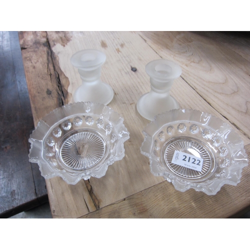 2410 - Two opaque glass squat form candlesticks and two decorative glass dishes     (D)