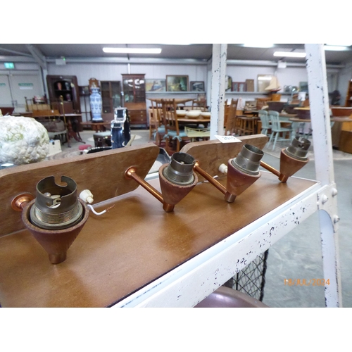 2015 - A pair of 1970's teak and copper twin arm wall sconces     (R) £20