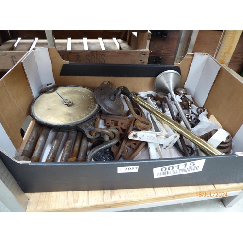 2057 - A box of mixed brass and copper ware including a Salter scale