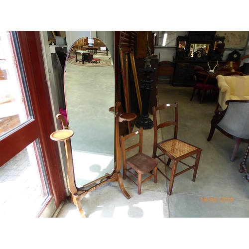 2102 - A cheval mirror, cane seated chair and an elm seated child's chair (3)