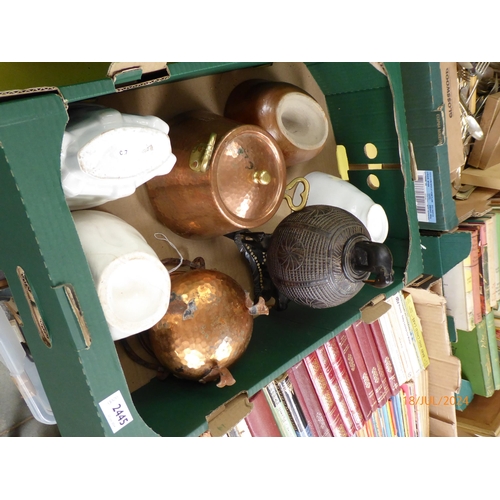 2445 - A box of miscellaneous including jelly moulds and copper