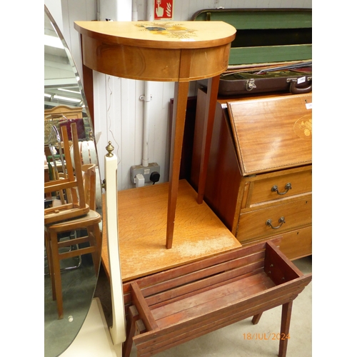 2450 - An oak coffee table and 1970's plant stand and a demi-lune side table