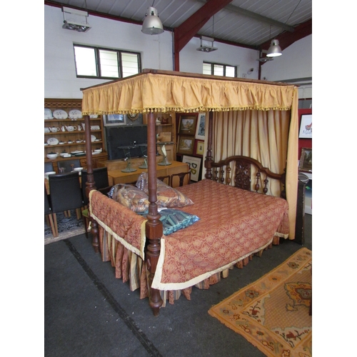 1301 - A hardwood four poster double bed with drapery and a pair of matching curtains with pelmet