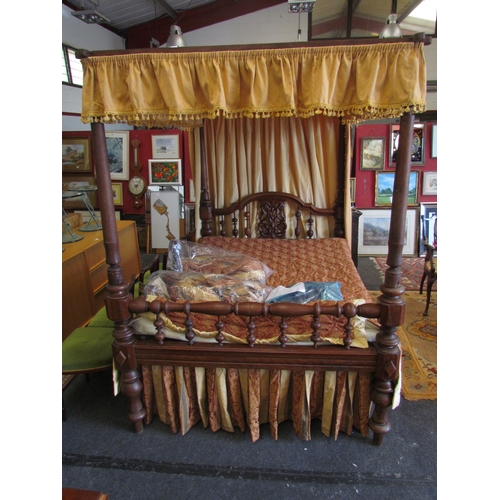 1301 - A hardwood four poster double bed with drapery and a pair of matching curtains with pelmet