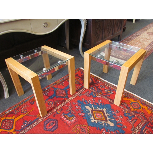 1333 - A pair of oak and glass top occasional lamp tables with chrome supports, 45cm tall x 45cm long x 45c... 