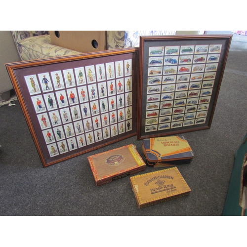 1365 - A box containing cigarette cards, loose stamps and books and two framed cigarette cards