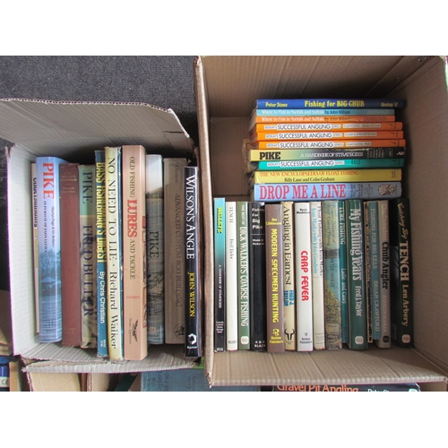 1371 - Four boxes of fishing related books and a bag containing mainly catalogues and magazines