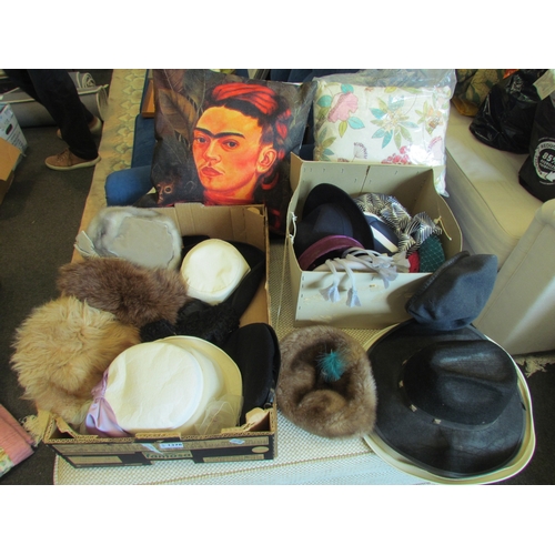 1378 - Two boxes of ladies' hats and two cushions including Freda Khalo image