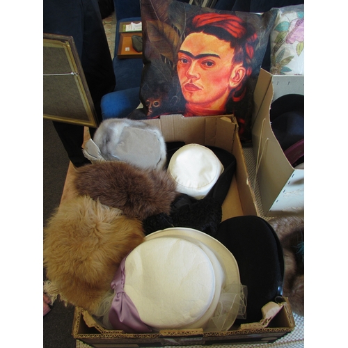 1378 - Two boxes of ladies' hats and two cushions including Freda Khalo image