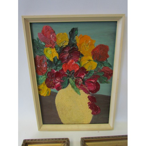 1392 - A palette knife oil on board still-life of flowers in vase, two prints of Mombasa and Nairobi and tw... 