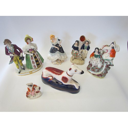 1395 - Three Staffordshire figural groups (each a/f), modern Staffordshire Ware greyhound pen holder and tw... 