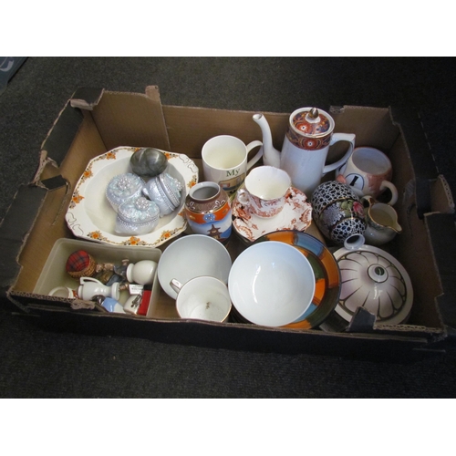 1447 - A box of china including coffee pot, cups, plates and modern Oriental tea bowls