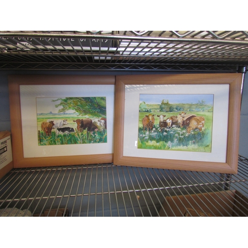 1599 - KATHARINE RONEY: Two pen and wash cow paintings, 