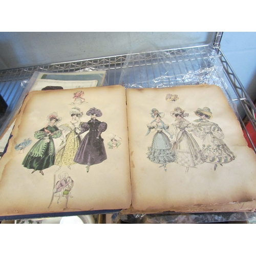 1602 - A box of ephemera to include scrap album with fashion prints (stuck in), Eivor Fisher: Swedish Embro... 