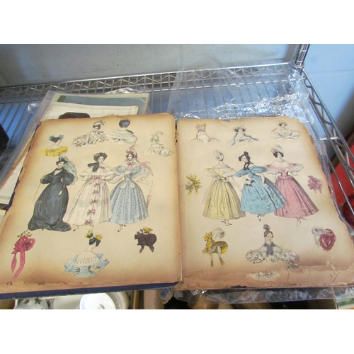 1602 - A box of ephemera to include scrap album with fashion prints (stuck in), Eivor Fisher: Swedish Embro... 