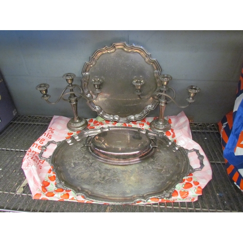 1609 - A collection of metalware including Walker & Hall tray, candlesticks and two dishes