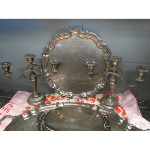 1609 - A collection of metalware including Walker & Hall tray, candlesticks and two dishes