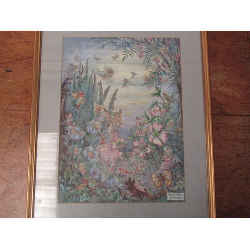 1013 - MARJORIE DAWSON (Norfolk artist) A framed and glazed watercolour, faeries and pixies in moonlit wood... 