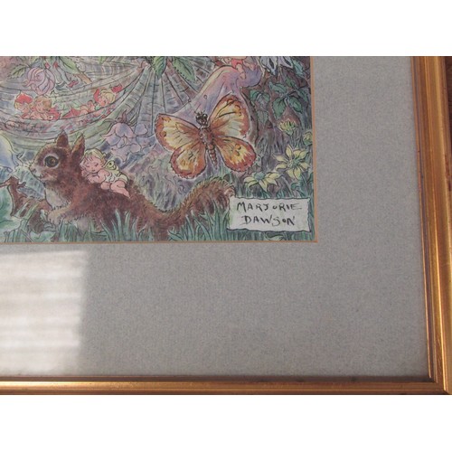 1013 - MARJORIE DAWSON (Norfolk artist) A framed and glazed watercolour, faeries and pixies in moonlit wood... 