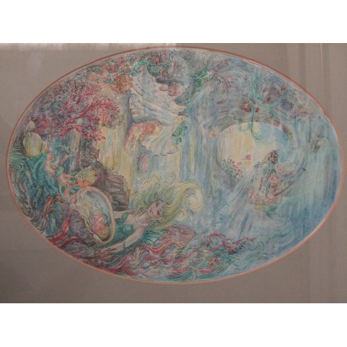 1014 - MARJORIE DAWSON (Norfolk artist) A framed and glazed watercolour, scene showing underwater fae. Oval... 