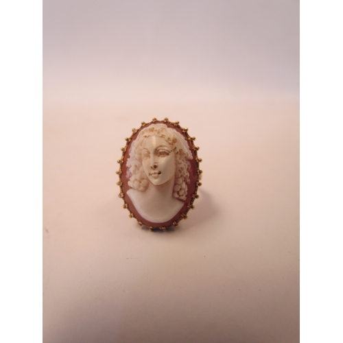 1039 - A cameo ring in high-profile mount, pierced basket and scroll shoulders, unmarked. Size Q, 9.8g