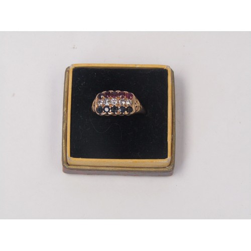 1035 - A gold ring set with a row of five of each, diamonds, rubies and sapphires. Unmarked. Size O, 4.3g (... 