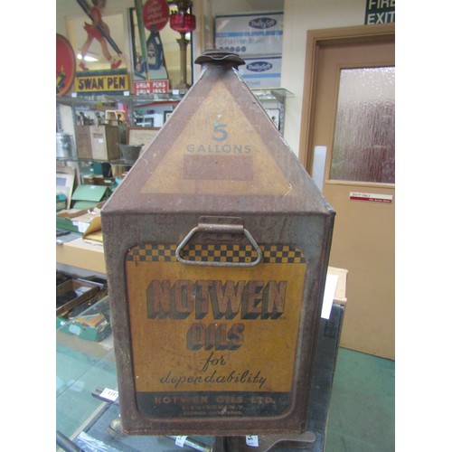 5532 - A Notwen Oils five gallon pyramid oil can with image of race car to one side