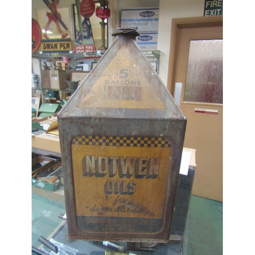 5532 - A Notwen Oils five gallon pyramid oil can with image of race car to one side