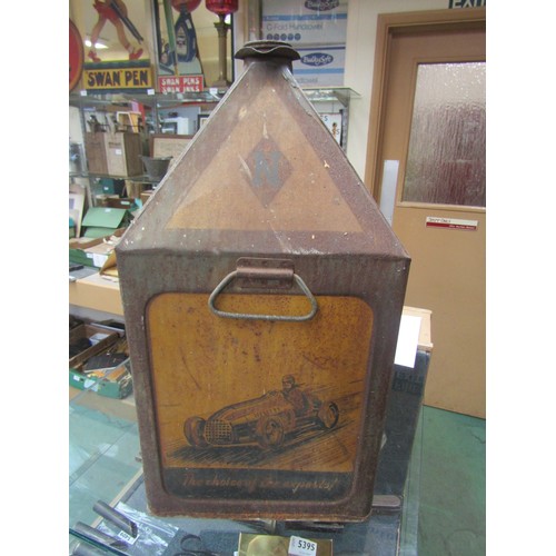 5532 - A Notwen Oils five gallon pyramid oil can with image of race car to one side