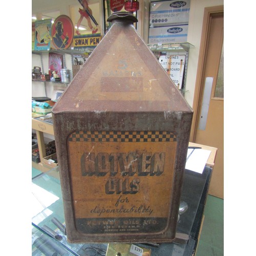 5532 - A Notwen Oils five gallon pyramid oil can with image of race car to one side