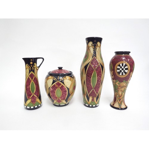 6642 - Moorcroft Staffordshire Gold pattern pieces including lidded ginger jar (chip to lid) a slender ewer... 