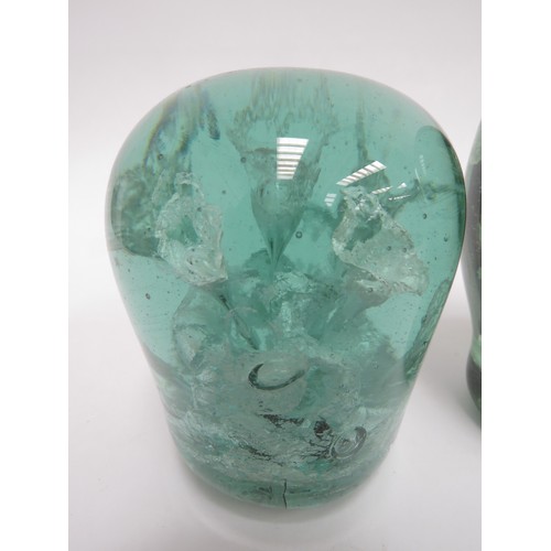 6584 - Three Victorian green glass dumps all with floral inclusions, tallest 13cm